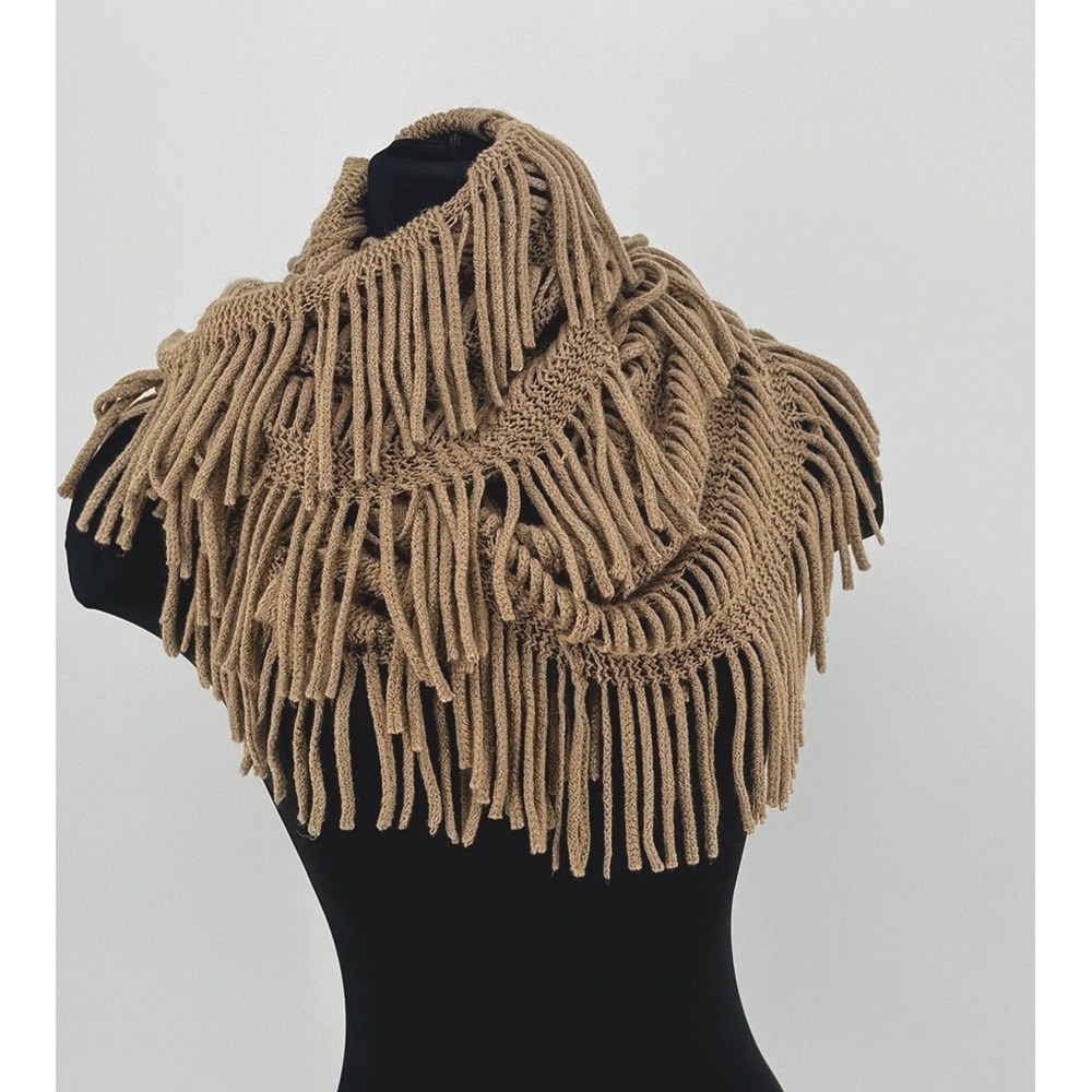 Crochet Southwestern Tassle Infinit Scarf Brown Tan Boho Western Country Cowgirl